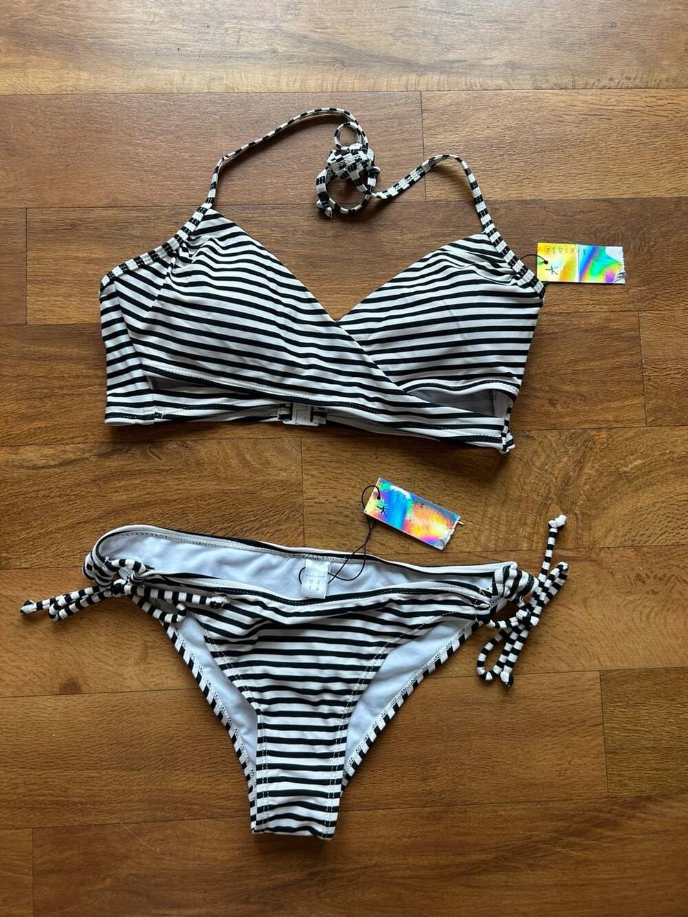 Atmosphere Black and White Striped Halter Bikini Set